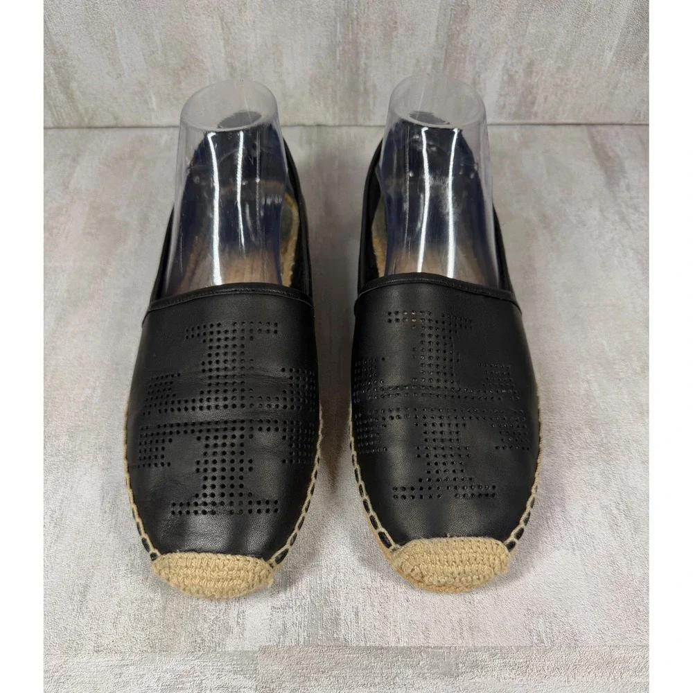 Tory Burch Ines Black Leather Perforated Logo Espadrille Flats Womens 11 50966